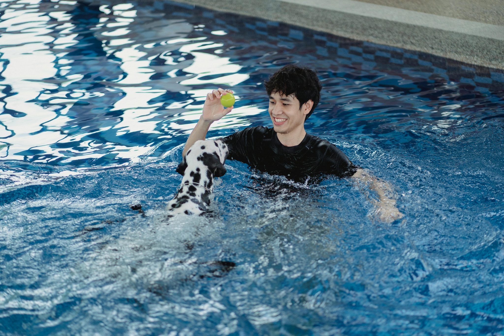 dog swimming with owner in blue tiled pool